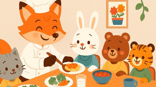 La volpe cuoca serve gli spaghetti a un gattino, un coniglio, un orsetto e una tigre seduti a tavola